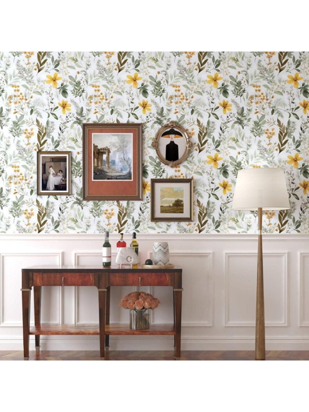 Peel and Stick Vintage Floral Wallpaper - Green Leaf Botanical Self-Adhesive - Picture 5 of 8